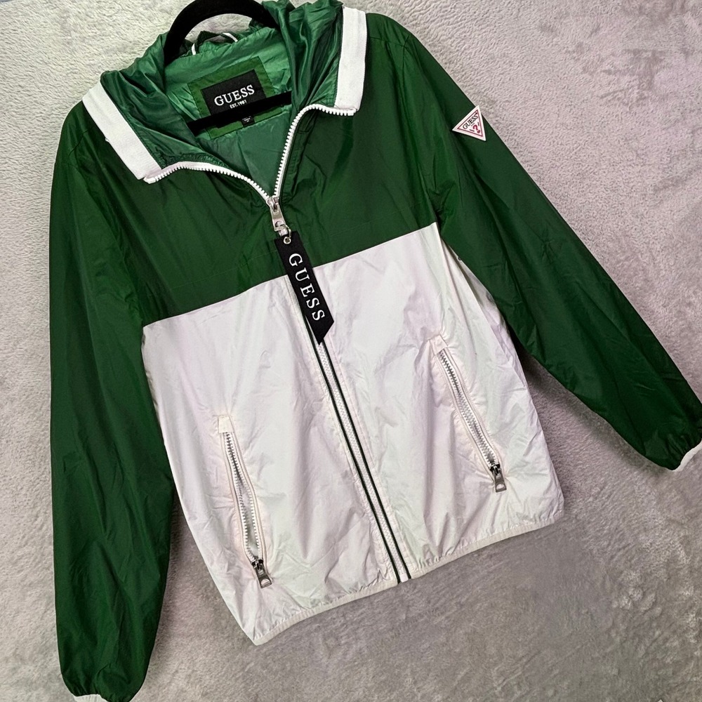 Guess Mens Windbreaker Size M Green White Colorblock Hooded Full Zip Jacket
